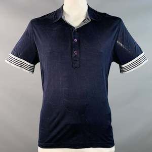 GIORGIO ARMANI Navy Blue Contrast Trim Silk Blend Short Sleeve Polo